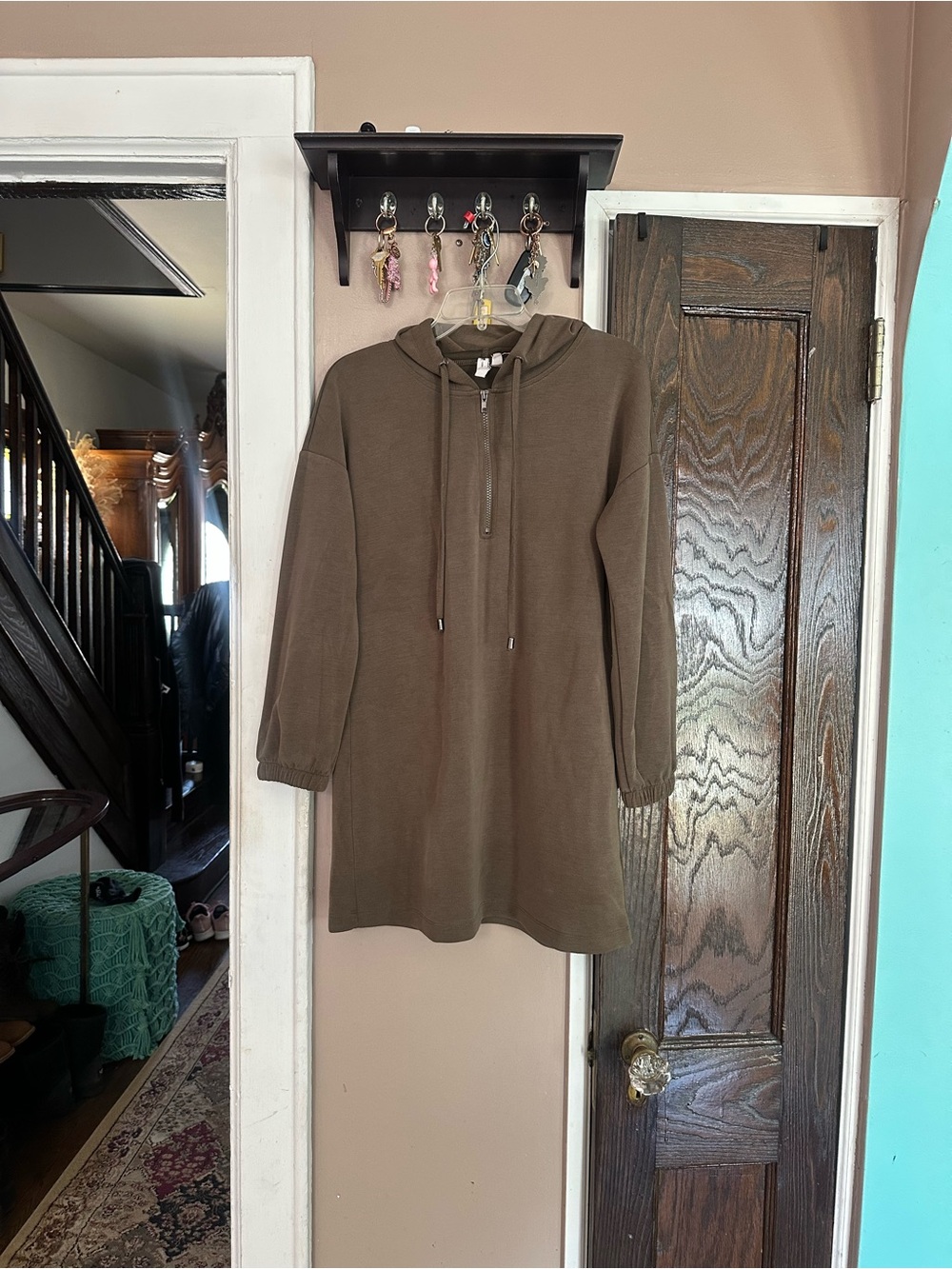 Cable & Gauge Khaki Quarter-Zip Hoodie Dress